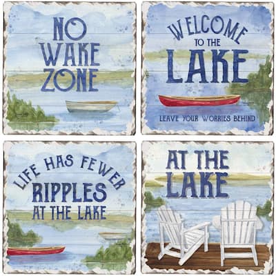 Counterart Assorted Image Tumbled Tile Coaster Set - Lake House Greetings 4 Pack Made in The USA - 4x4