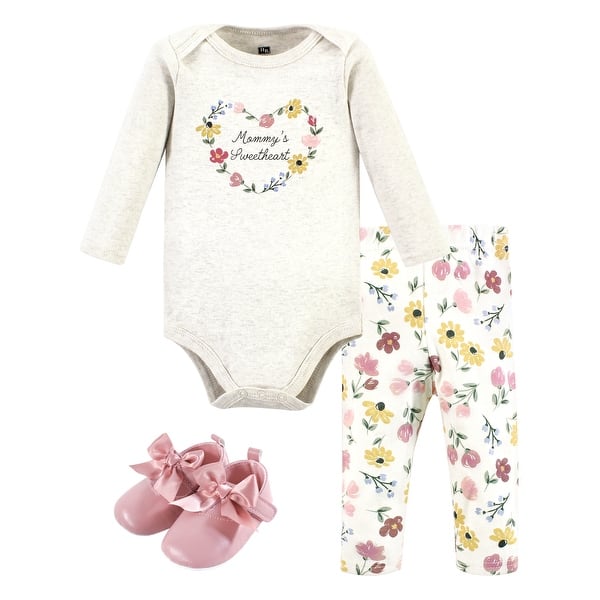 slide 1 of 1, Hudson Baby Infant Girl Cotton Long-Sleeve Bodysuit, Pant and Shoe Set, Soft Painted Floral 12-18 Months - Soft Painted Floral Long Sleeve