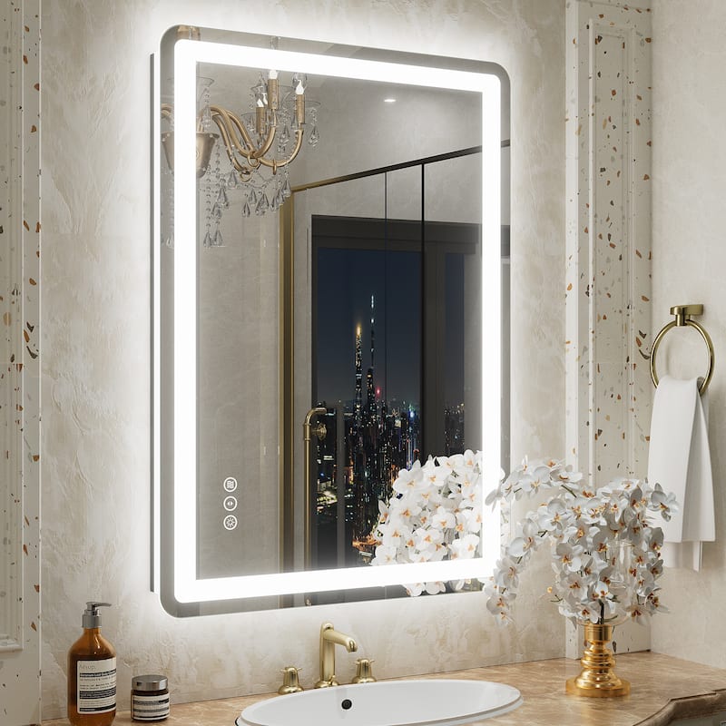 UL Certified Frameless LED Front Light and Backlit Wall Bathroom Vanity Mirror - 28" x 20" - Clear-Rounded Corner