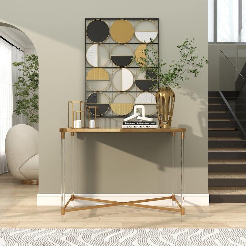 Gold Metal Console Table with Mirrored Top and Acrylic Legs