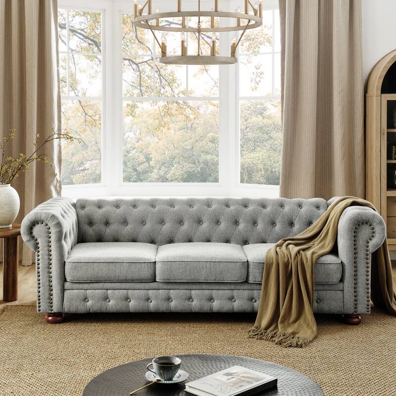 88.5″ Linen 3-Seater Sofa with Nailhead Trim & Solid Wood Frame - Gray