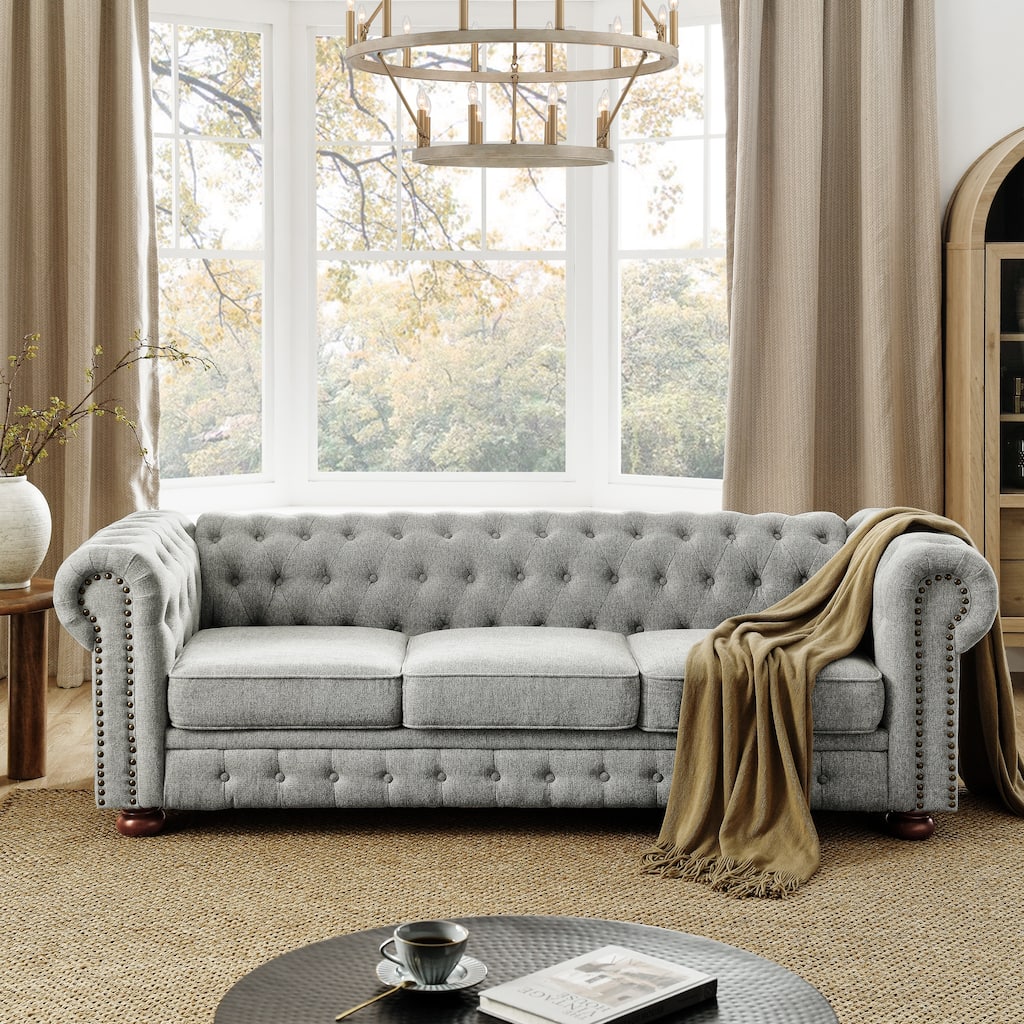 Roomfitters Chesterfield Tufted Linen Upholstered 3-Seater Sofa with Scrolled Arms and Nailhead Trim
