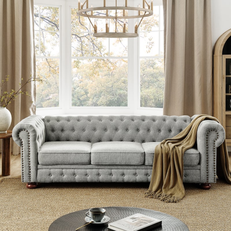 Roomfitters Chesterfield Tufted Linen Upholstered 3-Seater Sofa with Scrolled Arms and Nailhead Trim - Grey