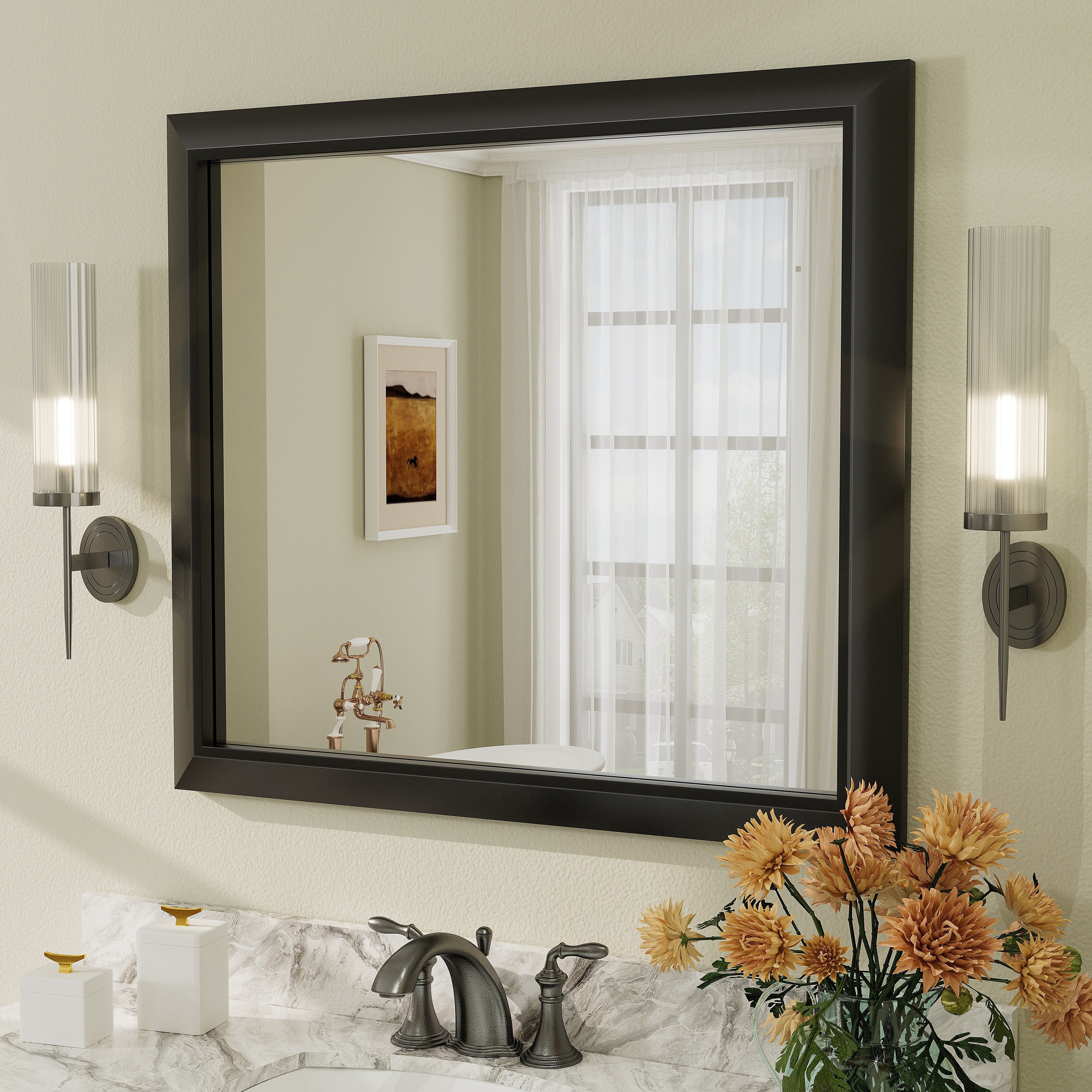 Beveled Metal Rectangle Framed Bathroom Vanity Tempered Glass Mirrors