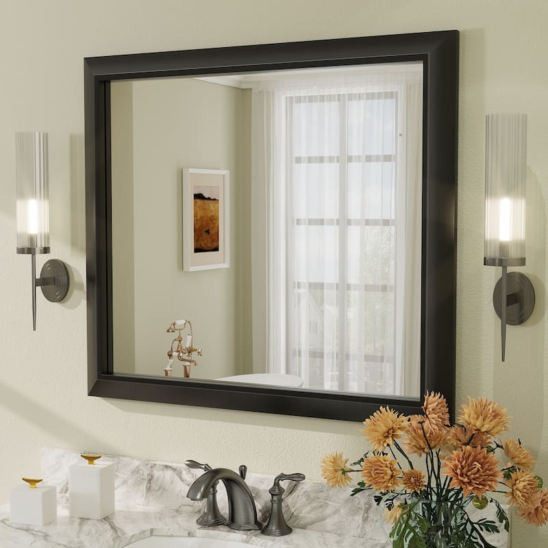 Beveled Metal Rectangle Framed Bathroom Vanity Tempered Glass Mirrors - 36" x 32" - Black