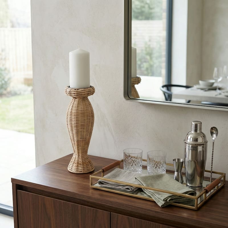 Candle Holder - Brown Metal Handwoven Raffia Pillar