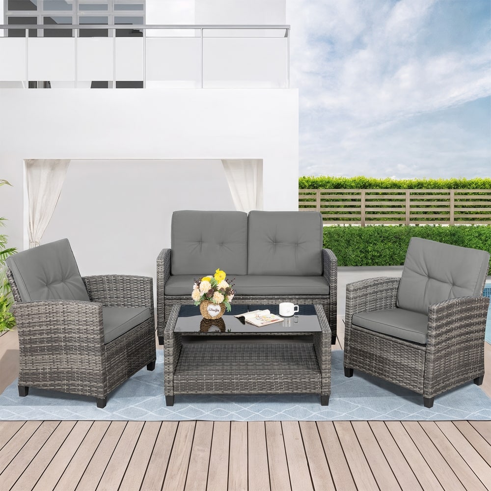 Outdoor 4-Piece Wicker Patio Conversation Sofa Set - N/A