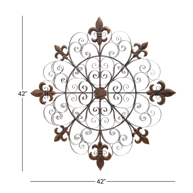 Brown Metal Medallion Fleur De Lis Home Wall Decor with Detailed Scrollwork