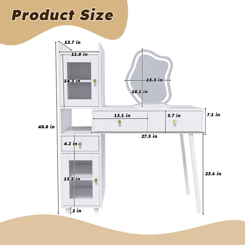 Roomfitters Vanity Desk with Illuminated Mirror, Modern Makeup Station with Glass Cabinets and Shelves, White
