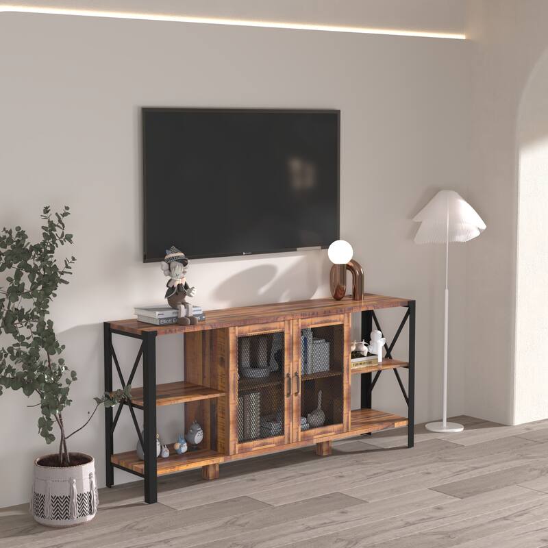 Industrial TV Stand for Living Room, Farmhouse TV Stand 80 Inch Television Stand, Horizontal Wood and Metal Open Bookshelf