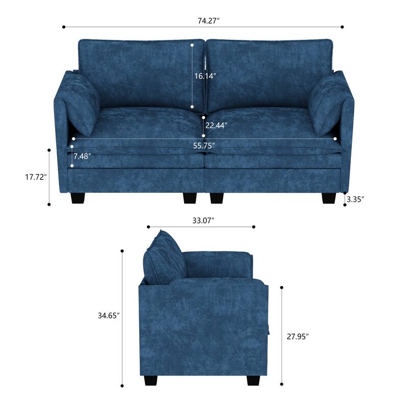 74.27" Modern Sofa Couch for Living Room, Deep Seat Sofas with Pillow Top Arms, Comfy 2-Seater Loveseat for Small Spaces