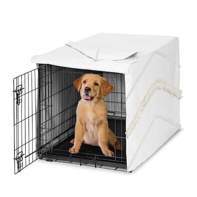 Sweet Jojo Designs Ivory Bohemian Boho Chic Dog Crate Kennel Cover 36in. Solid Off White Farmhouse Tufted Trim Fringe Cotton