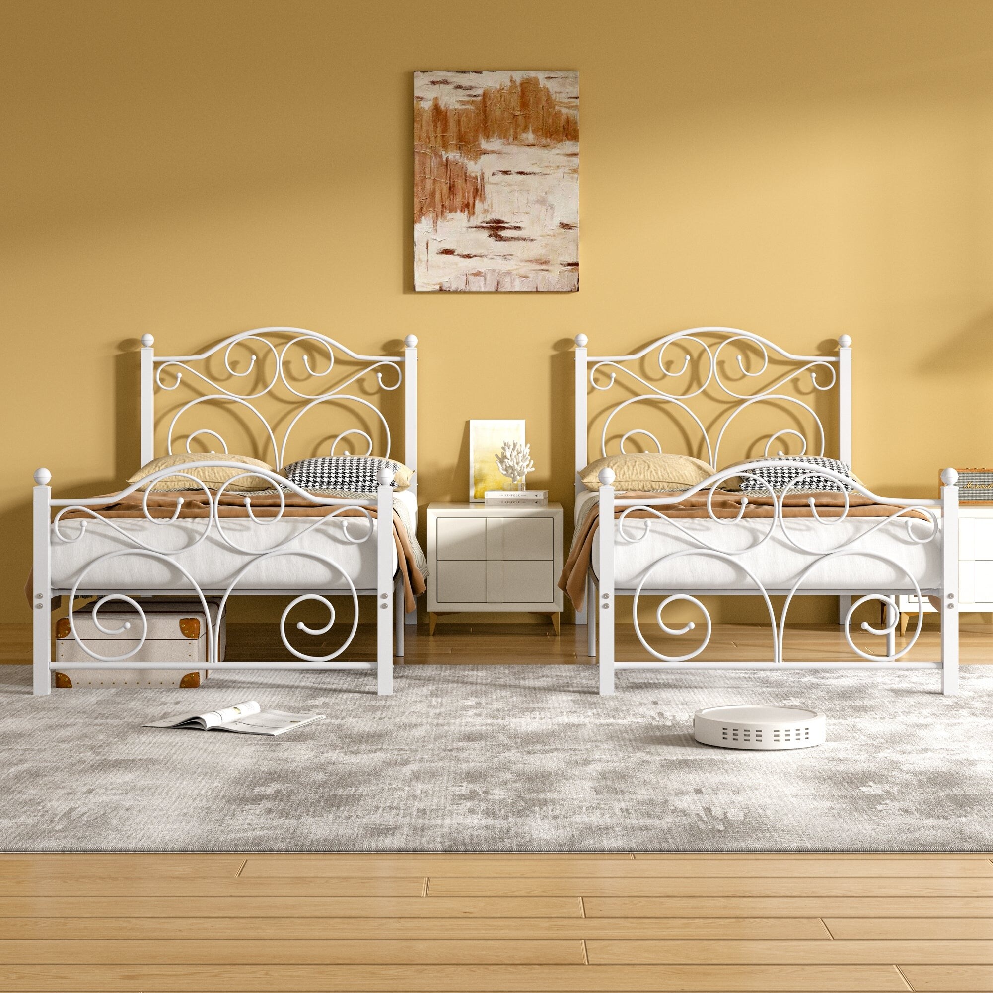 Javlergo 2-Pack Twin Size Victorian Metal Bed Frame for Kids with Headboard & Footboard No Box Spring Needed