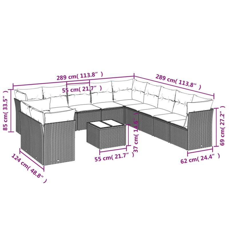 vidaXL 12 Piece Patio Sofa Set with Cushions Black Poly Rattan - 135.6x27.2x67.8