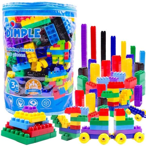 slide 2 of 5, Dimple 300 Pcs Building Block Set for Kids - Soft Plastic Interlocking Blocks w Rolling Train Bases, Carry Bag,Colorful STEM Toy