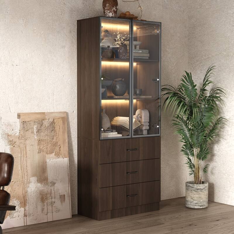 LED-Lit Wood Grain Cabinet - Configurable Storage for Home or Office - 31.5"