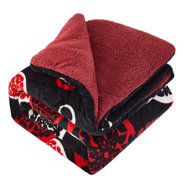 3-Piece Floral Printed Sherpa-Backing Reversible Comforter Set