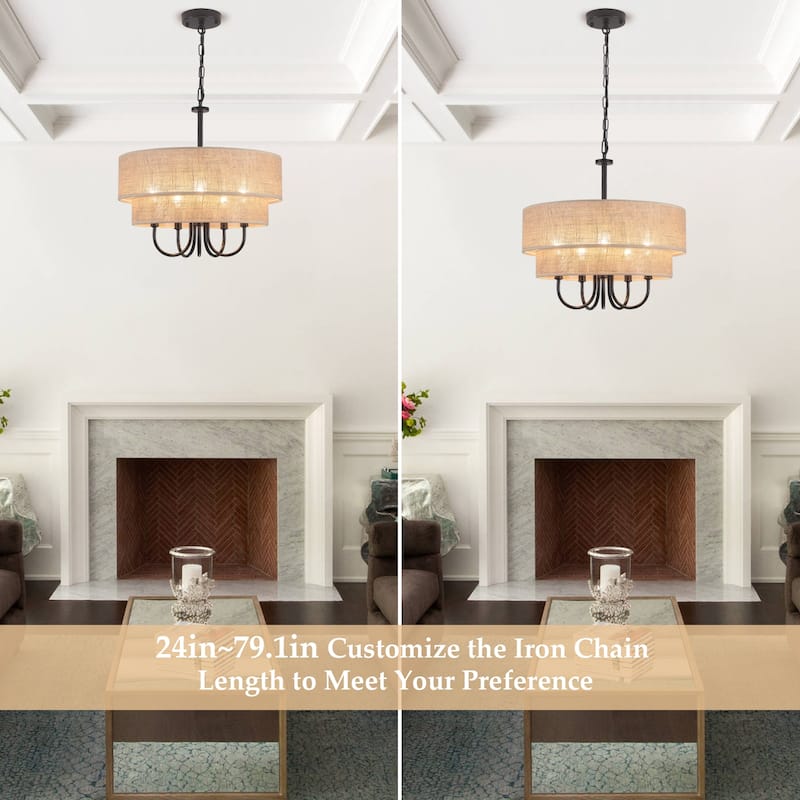 18.1-in 5-Light Farmhouse Rattan Pendant Light with 2-Tier Hand-Woven Drum Shade for multiple rooms