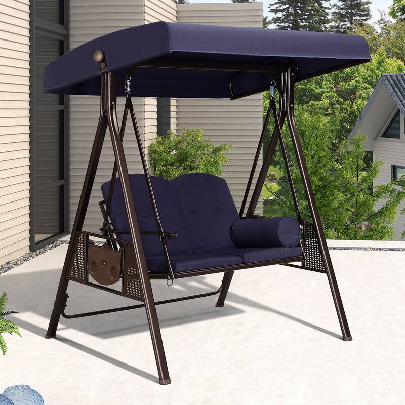 PURPLE LEAF Deluxe Outdoor Patio Porch Swing with Weather Resistant Steel Frame, Cushions and Pillow Included - 2 Seat - Navy Blue(V1)
