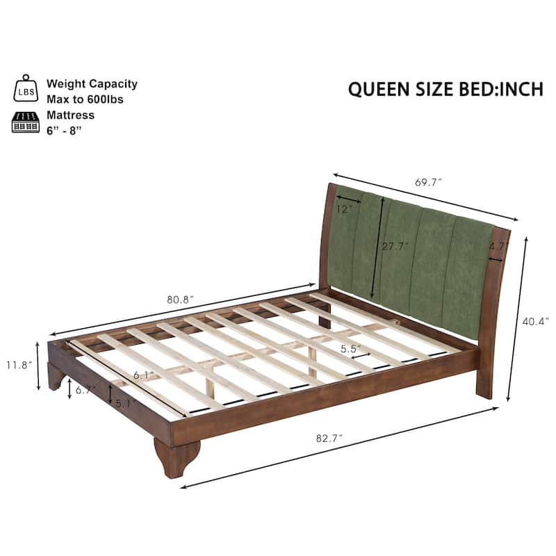 Pine Wood Bed Frame Mid Century Modern Platform Bed with Green Upholstered Headboard, Wood Slat Support Low Profile Wingback Bed