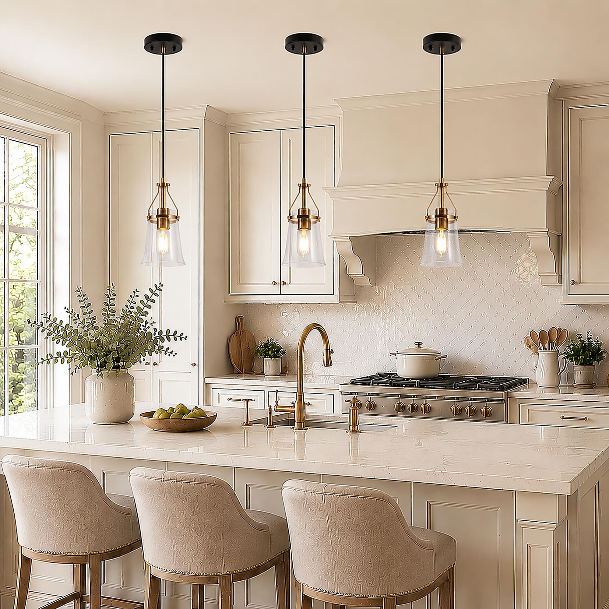 LALUZ Modern Gold 1-Light Mini Glass Pendant Light for Kitchen Island - D5.5" x H10"
