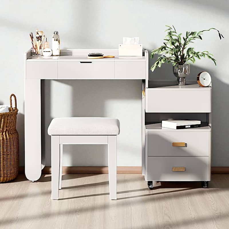 3-in-1 Makeup Vanity Desk with Flip-Top LED Mirror, Retractable Side Cabinet, Storage Drawers & Stool