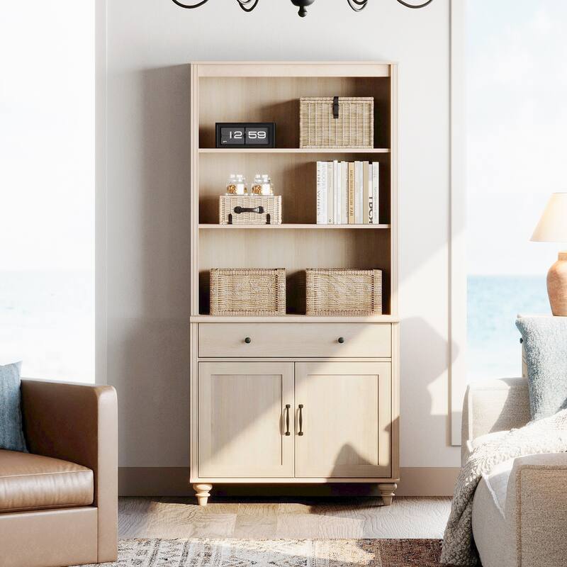 Light Beige Bookcase with Doors, Large Wood Farmhouse Book Case Shelf