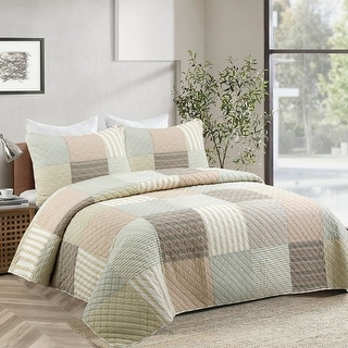 Cozy Line Stripe Checker Patchwork Cotton Reversible 3 Piece Quilt Bedding Set