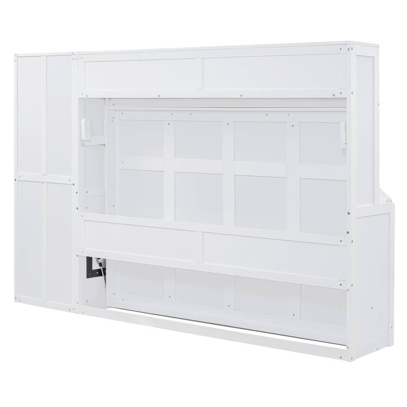 Space-Saving Full Size Murphy Bed with Integrated Closet and Drawers, White