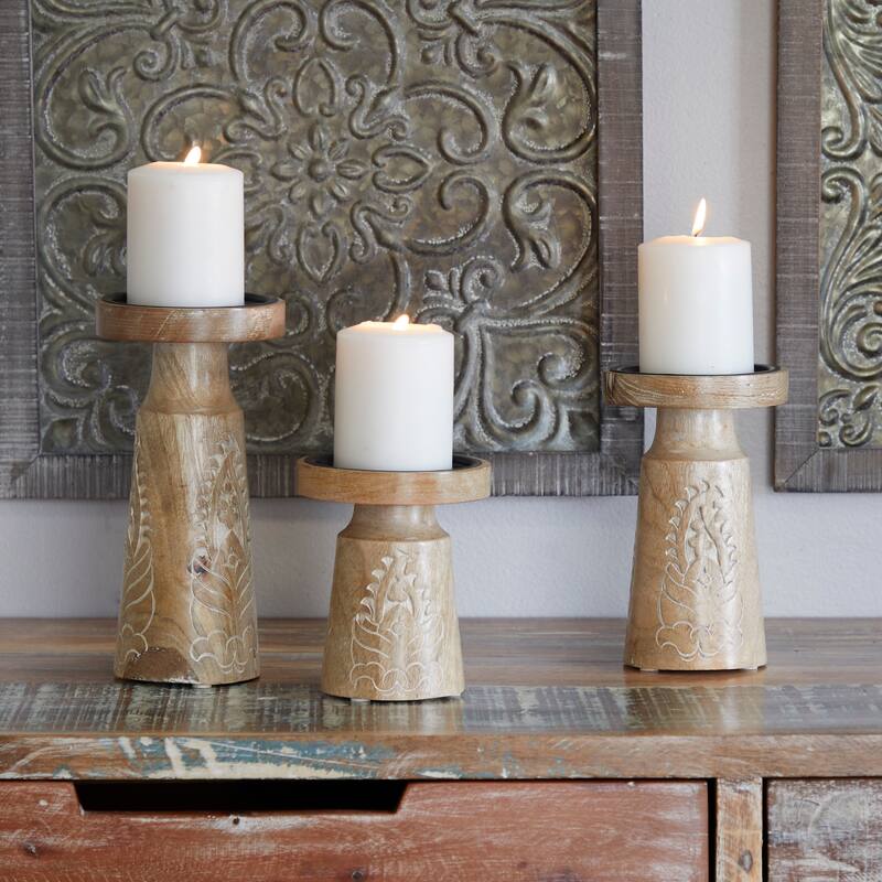 Brown or Dark Brown Mango Wood Tribal Pillar Candle Holder (Set of 3)