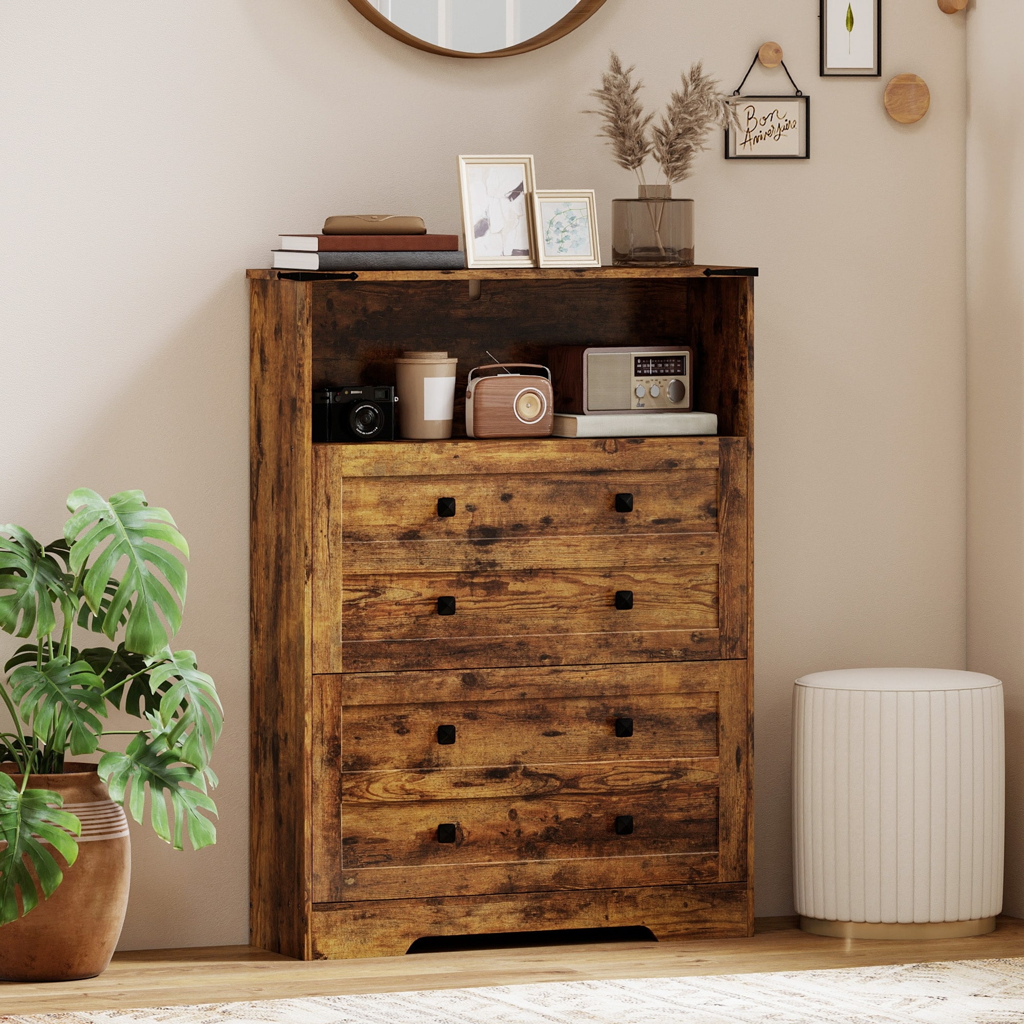 HOMCOM Shoe Cabinet with 2 Flip Drawers, Narrow Shoe Storage Cabinet with Adjustable Shelves and Open Shelf,Rustic Brown