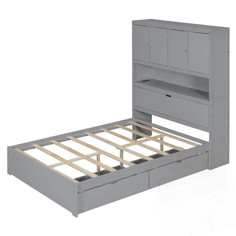 Full Size Wooden Platform Bed with USB and Drawers