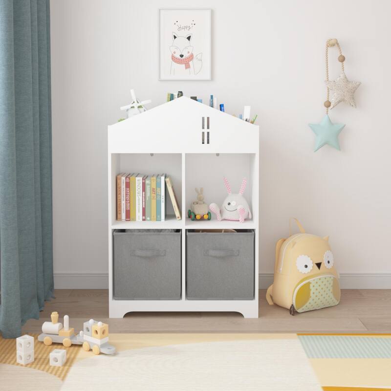 Kids Dollhouse Bookcase with Storage - White+gray