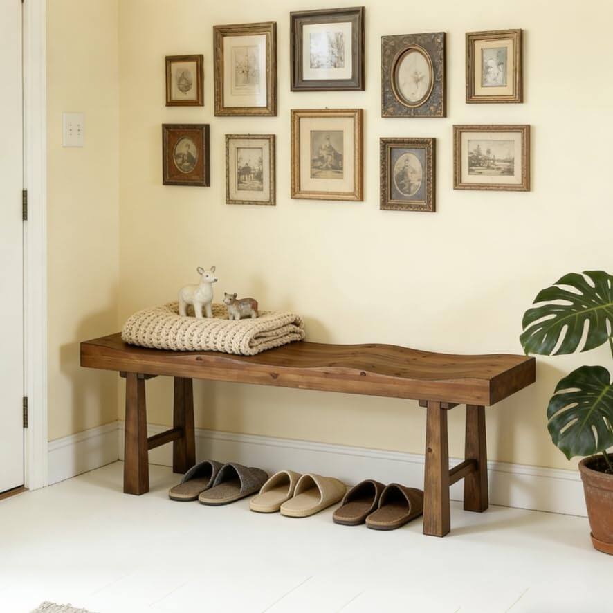 55" Rustic Solid Wood Entryway Bench with Wave-Top Design