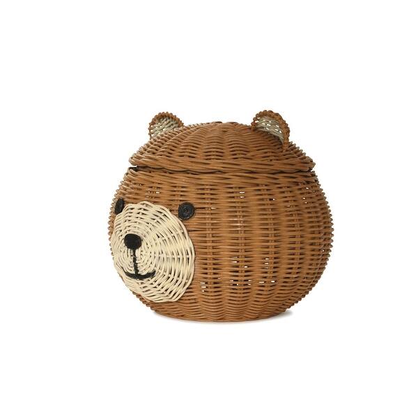 Bear Head Rattan Storage Basket with Lid Decorative Home Decor Hand Woven Shelf Organizer Cute Handmade Handcrafted Gift Artwork