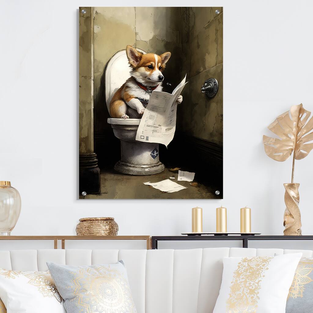 Designart "Silly Corgi Reading News On Toilet" Bathroom Gloss Wall Decor Orange Modern Acrylic Wall Art For Living Room