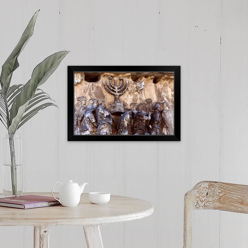 "Relief on wall of Forum depicting Roman troops taking menorah from temple" Black Framed Print - 24 x 16