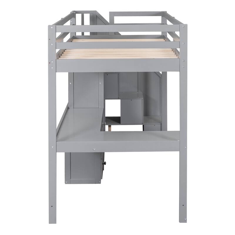 Twin/Full Loft Bed with L-Shaped Desk and Storage Staircase, Multi-Functional Solid Wood Loft Bed Frame with Drawers & Bookcase