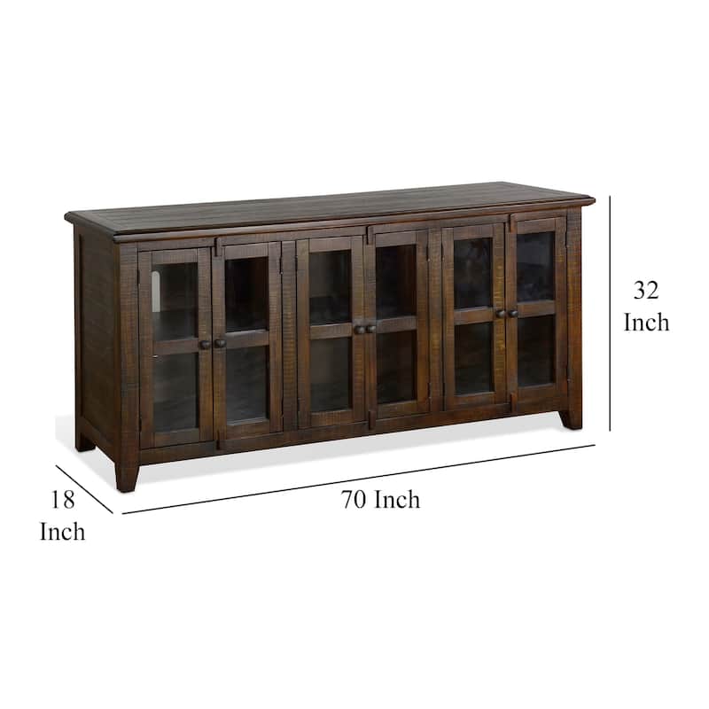 Yael TV Media Console, 6 Shelves, Glass Doors, 70 Inch Dark Brown Wood
