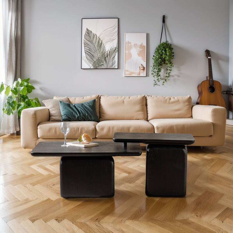 GDFStudio Lorian Square Retro Coffee Table Set with Wood Grain Finish