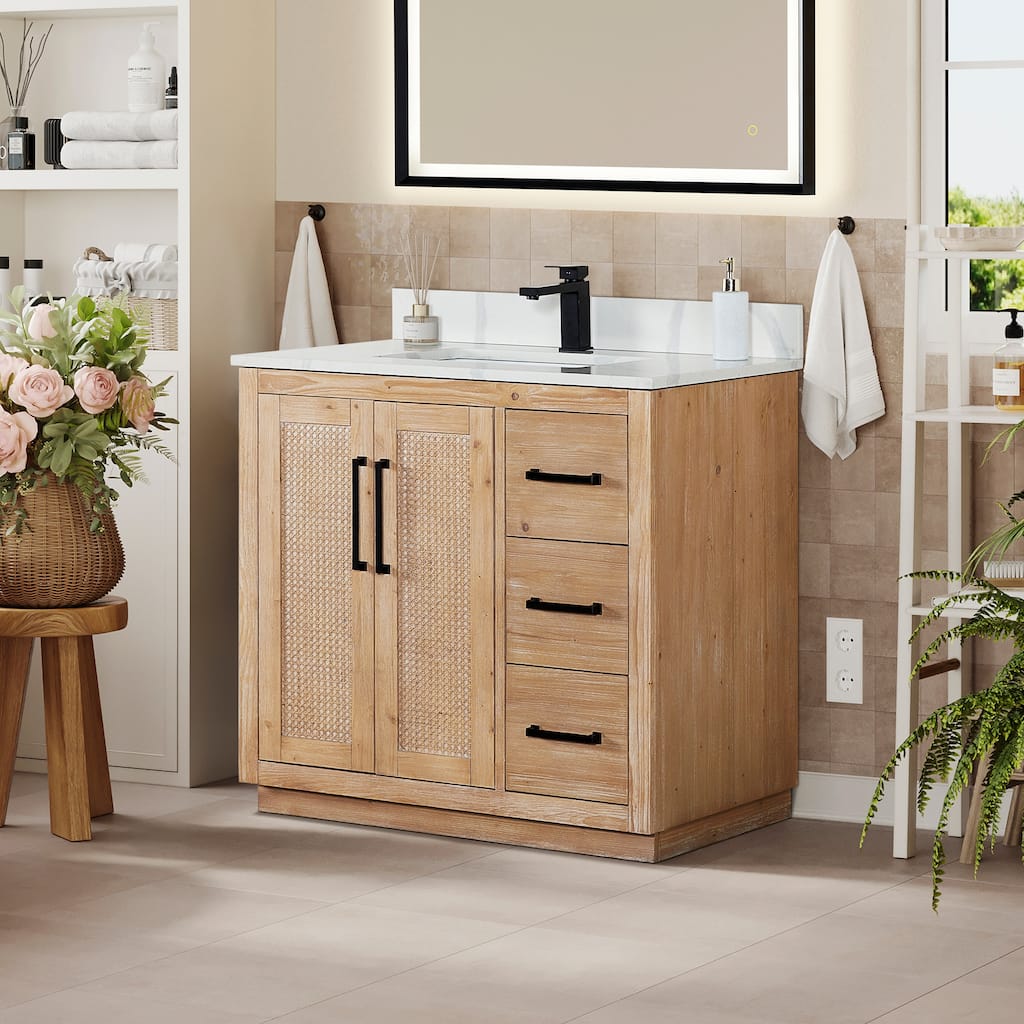 Floral Single Bathroom Vanity in Light Brown with Calacatta White Quartz Countertop without Mirror