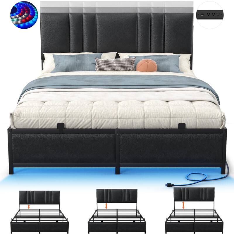 Platform Bed Frame with Ajustable Upholstered Headboard, Bed with USB Port and Charge Station