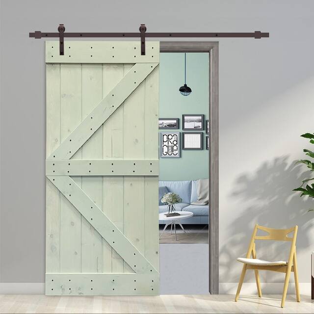 CALHOME K Series Stained Wood Sliding Barn Door with Hardware Kit - Sage Green - 30 x 84