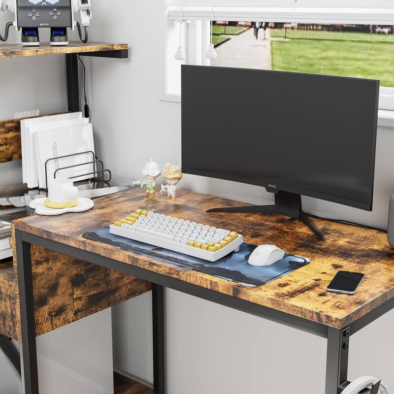 Computer Desk with Power Outlet and Storage Shelves, Study Writing Table with USB Ports, PC Desk Workstation for Home Office