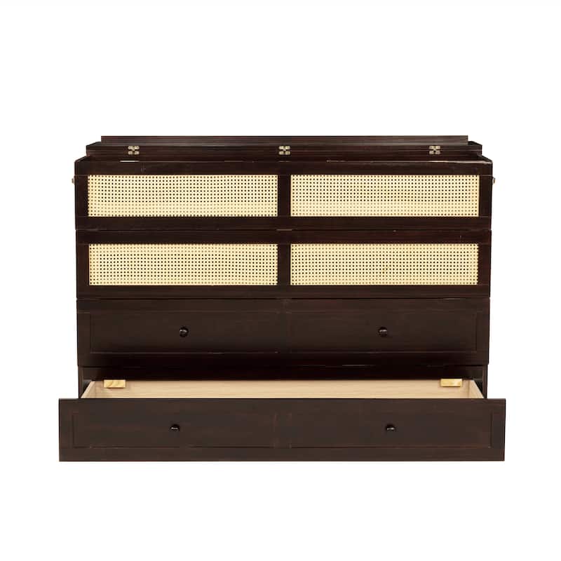 Murphy Bed, Pine Wood Cabinet Bed with Rattan Decoration and Storage Drawer