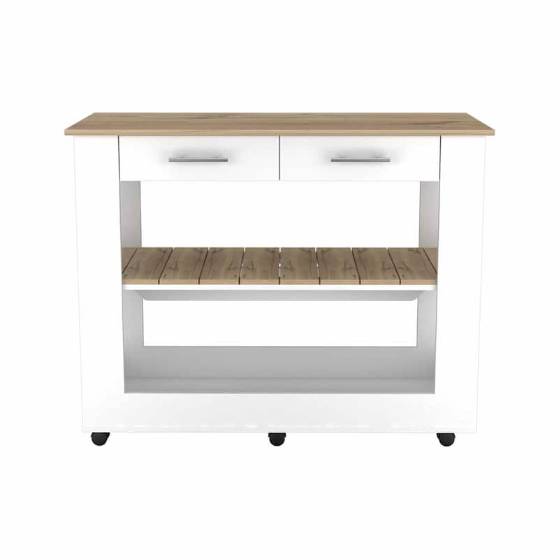 Light Oak and White Kitchen Island with Drawer Shelves and Casters - 20" X 40" X 20"