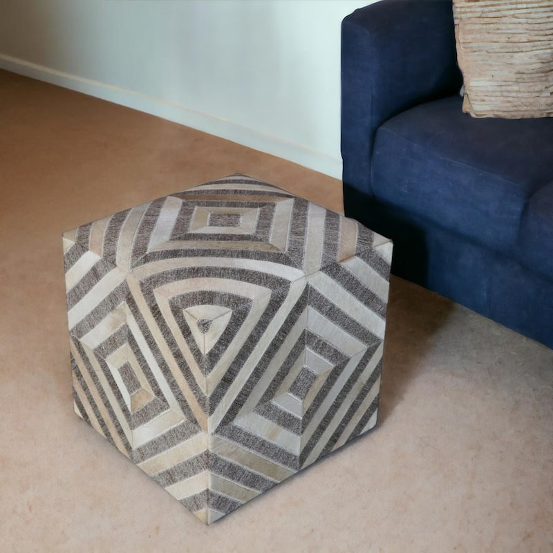 18" Gray and Beige Hair on Hide Cube Geometric Pouf Ottoman - Gray and Beige - 18' X '18' X '18
