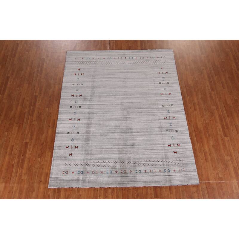 Hand Knotted Oriental 100% Wool Carpet Tribal Animal Pictorial Greys & Charcoal Gabbeh Area Rug - 9' 10'' X 7' 10''
