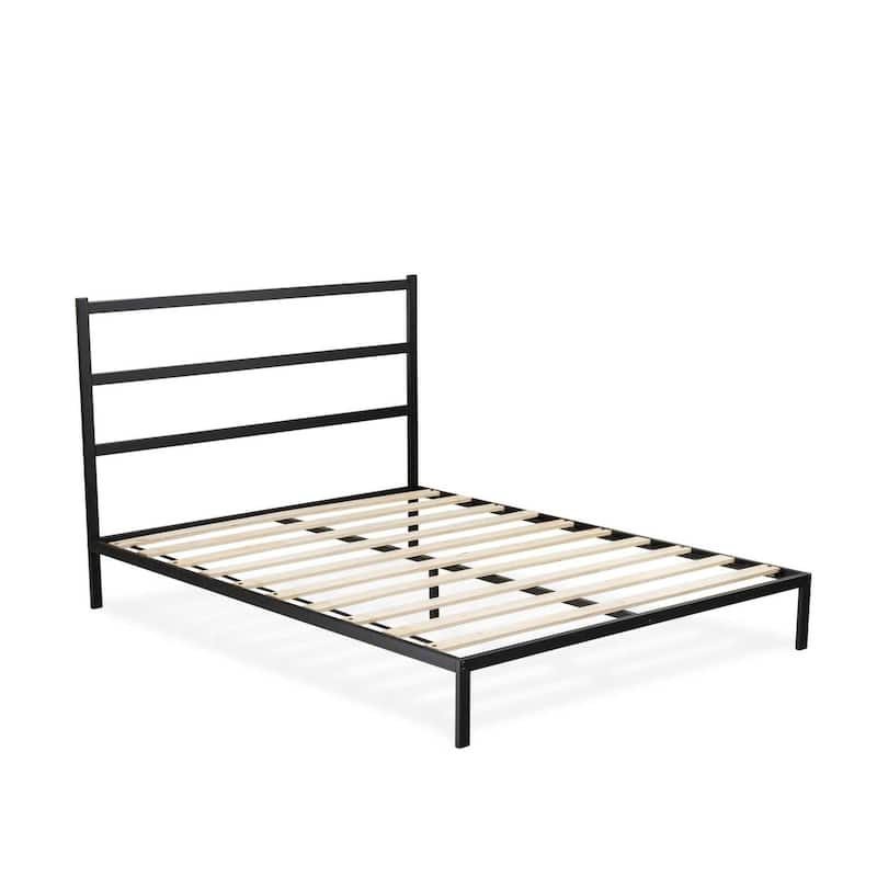 Queen Size Platform Bed Frame - Modern Bedroom Furniture with Metal Legs - Black Finish
