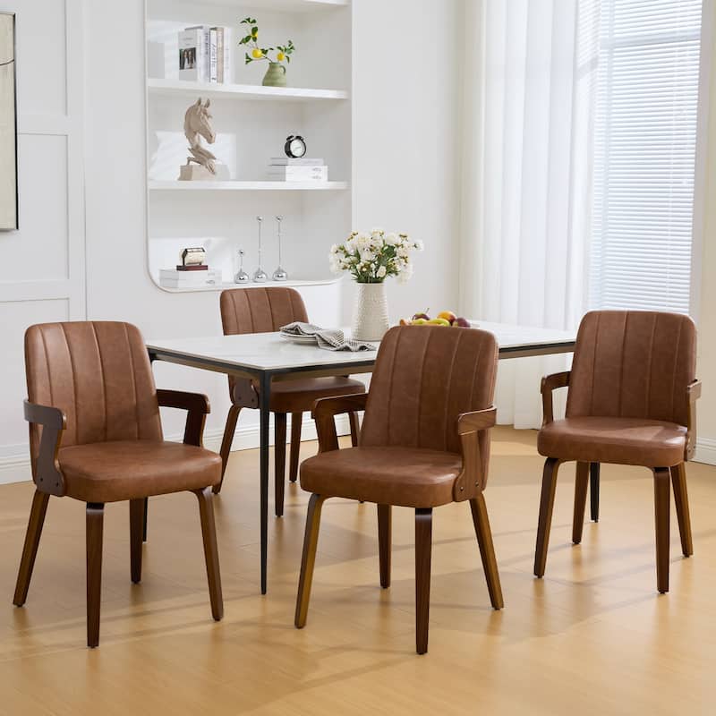 Mid-century Modern Upholstered Dining Chairs Bentwood Side Chairs with Armrests - 34.3"H x 19.9"W x 22.1"D - Set of 4 - Brown